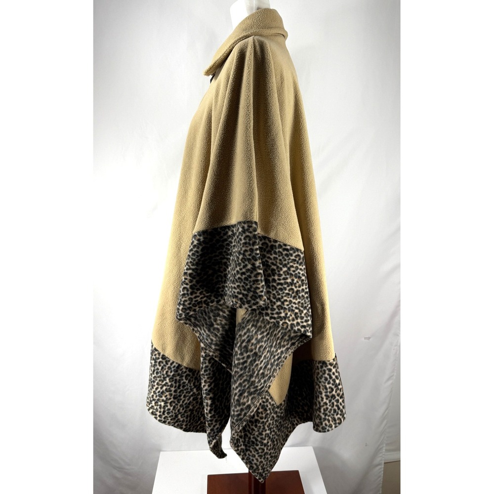 Le‎ Moda Camel Color Fleece Cape Poncho Leopard Print Trim Mob Wife Retro Chic - Picture 9 of 13